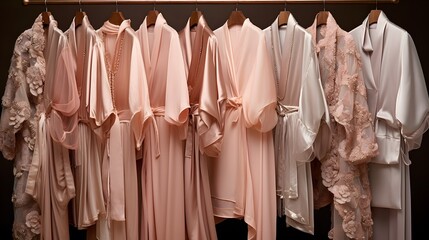 A stack of luxurious silk robes in shades of blush pink and champagne.