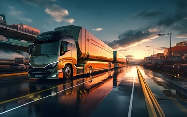 transportation and logistic with modern transport trucks in cargo, 3d illustration