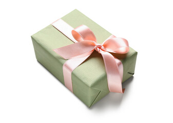 Green gift box with pink bow on white background. International Women's Day