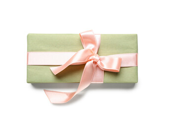 Green gift box with pink bow on white background. International Women's Day