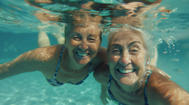 Smiling elderly women underwater