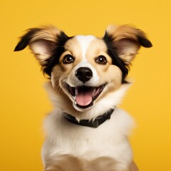A close-up happy puppy dog on a yellow background