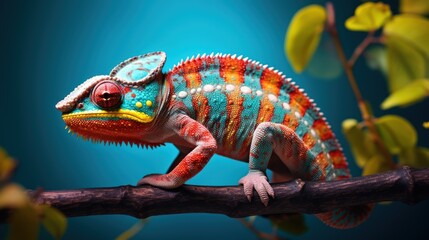 A colorful chameleon perched on a tree branch - obrazy, fototapety, plakaty