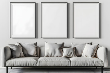 Blank picture frame mockup on white wall. Modern living room design. View of modern scandinavian style interior with sofa. Three vertical templates for artwork, painting, photo or poster