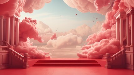 A dreamlike staircase made of wood with a railing leads up to a soft pink, cotton candy cloudscape. - obrazy, fototapety, plakaty