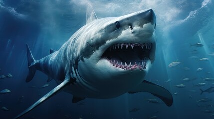 Fototapeta premium A great white shark swims through a clear blue ocean, sunlight filtering through the water.