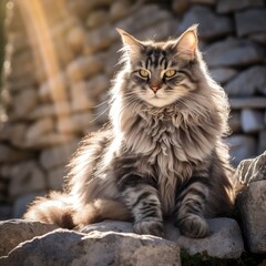 Fototapeta premium A gray tabby cat sits on a stone wall, looking out at a garden.