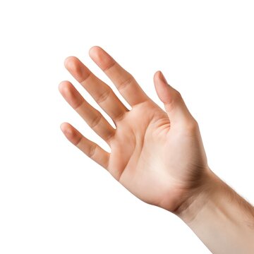 A close-up of a person’s hand with open palm reaching out against a white background.