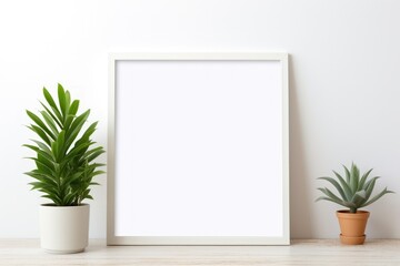 A white picture frame hangs on a white wall with a potted plant on the floor in side of it. - obrazy, fototapety, plakaty