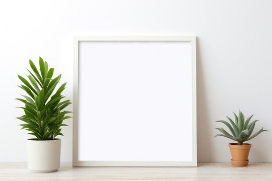 A white picture frame hangs on a white wall with a potted plant on the floor in side of it.