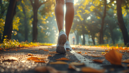 Close-up shot of woman's legs jogging on a path in a park