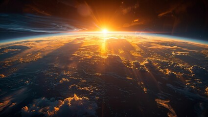 Image of Earth in space with the sunrise, reflection on the ocean