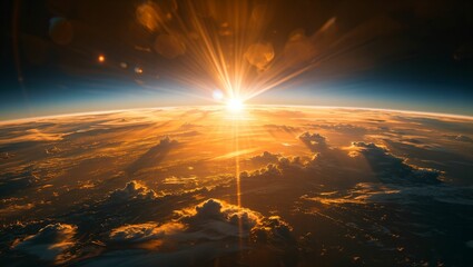 Image of Earth in space with the sunrise, reflection on the ocean - obrazy, fototapety, plakaty