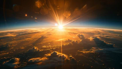 Fensteraufkleber Image of Earth in space with the sunrise, reflection on the ocean © akarawit