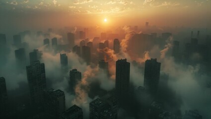 Aerial view of a city filled with PM 2.5 dust, air pollution and toxic smog