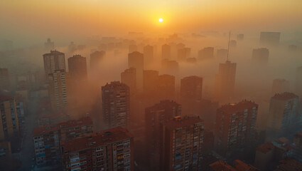 Fototapeta na wymiar Aerial view of a city filled with PM 2.5 dust, air pollution and toxic smog