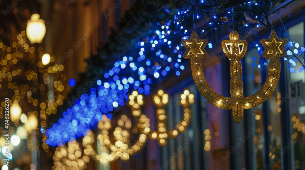 Poster a festive display of hanukkahthemed lights and decorations adding a touch of magic to the streets.
