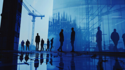 engineering construction infrastructure ideas concept silhouette of business people standing teamwork together multi exposure with industrial building construction in blue and gray color tone