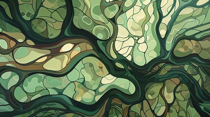 Abstract pattern of organic, flowing forms reminiscent of a forest canopy, in shades of green and brown.