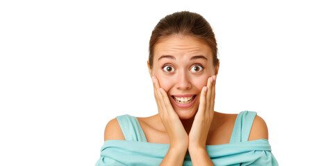 Surprised young woman with hands on cheeks, wide-eyed, transparent background