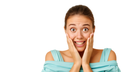 Surprised young woman with hands on cheeks, wide-eyed, transparent background