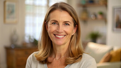 Smiling Portrait: Half-Length Shot of Woman with Long Brown Hair, Gazing at the Camera