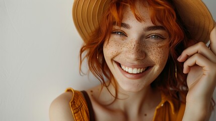 Smiling redhead with freckles, joyful expression. - obrazy, fototapety, plakaty