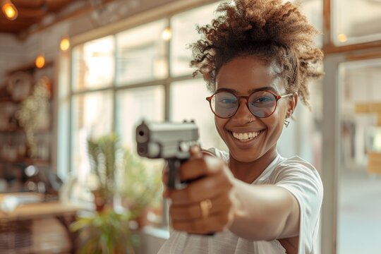  Woman holding a toy gun, smiling, playful and creative