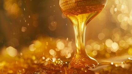 Close-up of organic, raw honey dripping from a wooden honey dipper, with golden hues and natural textures. - obrazy, fototapety, plakaty