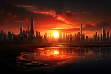Naklejka premium Breathtaking Skyline city sunset lake. Modern urban. Generate Ai
