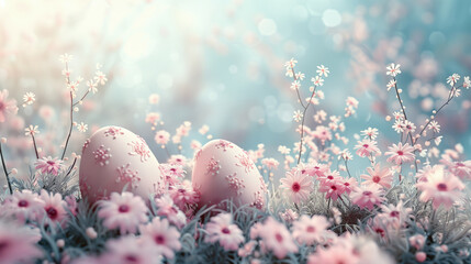 Fototapeta na wymiar Decorated Easter eggs hidden among pink spring flowers in meadow.