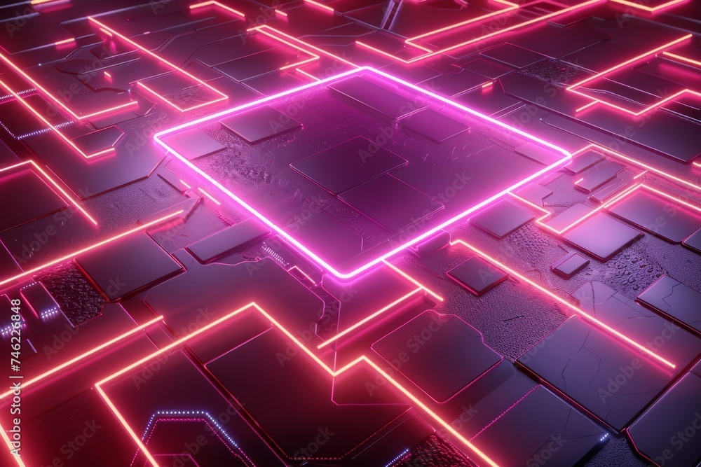 Wall mural futuristic 3d rendered neon circuit board with glowing lines and high-tech design