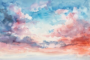 Obraz na płótnie Canvas Hand-painted watercolor sky with soft cloud patterns, serene and calming, suitable for peaceful and tranquil themes, in pastel blue and pink tones.