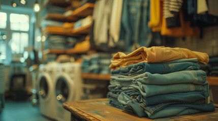 A neat stack of clothes placed in front of a washing machine in a tidy laundry room