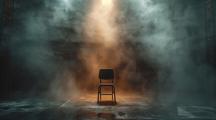 An empty, dimly lit workroom featuring only a solitary chair, reminiscent of an interrogation room - obrazy, fototapety, plakaty
