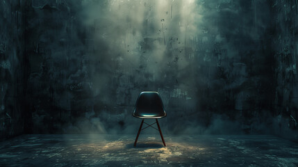 An empty, dimly lit workroom featuring only a solitary chair, reminiscent of an interrogation room - obrazy, fototapety, plakaty