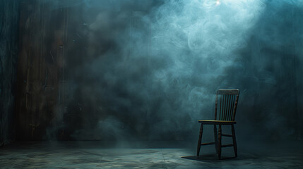 An empty, dimly lit workroom featuring only a solitary chair, reminiscent of an interrogation room