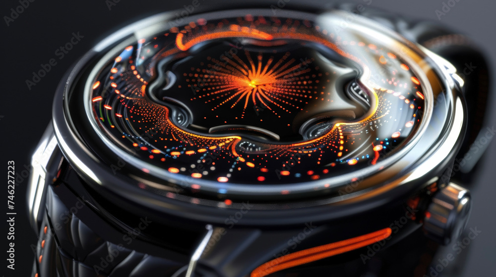 Poster the intricate design of a brainwave monitor embedded into a watch face providing personalized stress