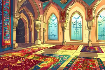 Obraz premium Cartoon cute doodles of a serene Ramadan mosque interior with colorful prayer rugs and intricate Islamic patterns, Generative AI