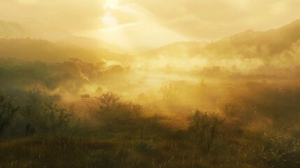 Panoramic view of a misty morning in a peaceful valley with soft, glowing sunlight filtering through the haze. - obrazy, fototapety, plakaty
