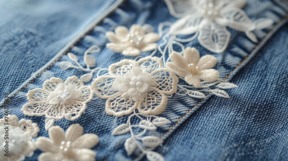 Poster a basic pair of jeans is given a luxurious upgrade with intricate lace appliques adding a touch of f