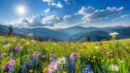 Panoramic view of vibrant spring meadows with blooming wildflowers under a sunny sky.