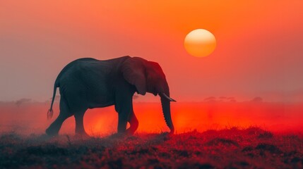 A solitary elephant, its silhouette against the setting sun, the dust kicking up around its massive feet as it moves through the African plains, an iconic image of wild beauty AI Generative
