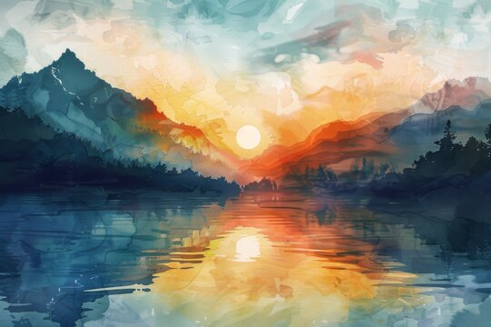 Sunset landscape in bright watercolor with mountains and lake