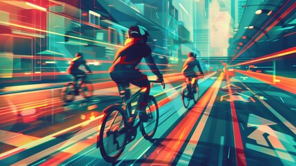 Urban cycling infrastructure concept with bike lanes and cyclist safety abstract illustration background