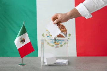 Fotobehang Voting young man with Mexican flag near ballot box on table at polling station, closeup © Pixel-Shot
