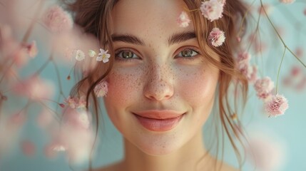 Close-up of a young woman with fresh, clean skin, smiling gently, minimalistic beauty setting, soft, natural light accentuates her flawless complexion, serene, AI Generative