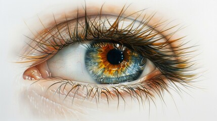 Fototapeta premium Close-up on a natural eye, female, isolated against a white backdrop, detailed iris texture, pure and clear, soft lighting AI Generative