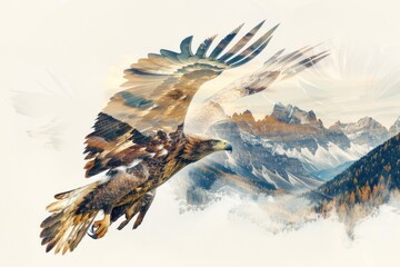 A regal eagle superimposed with the rugged peaks of a mountain range in a double exposure - obrazy, fototapety, plakaty