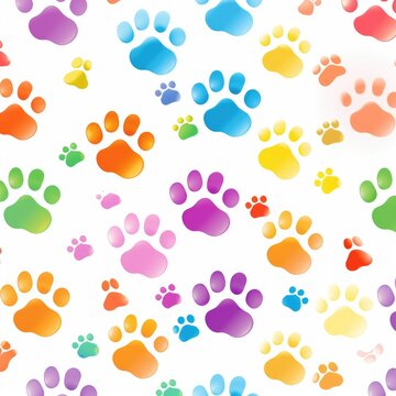 Multicolored paw prints scattered across white background